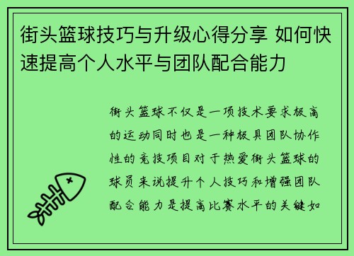 街头篮球技巧与升级心得分享 如何快速提高个人水平与团队配合能力