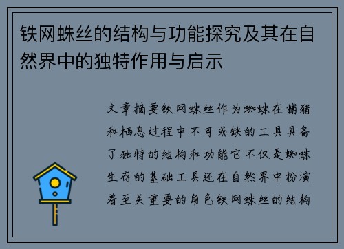 铁网蛛丝的结构与功能探究及其在自然界中的独特作用与启示
